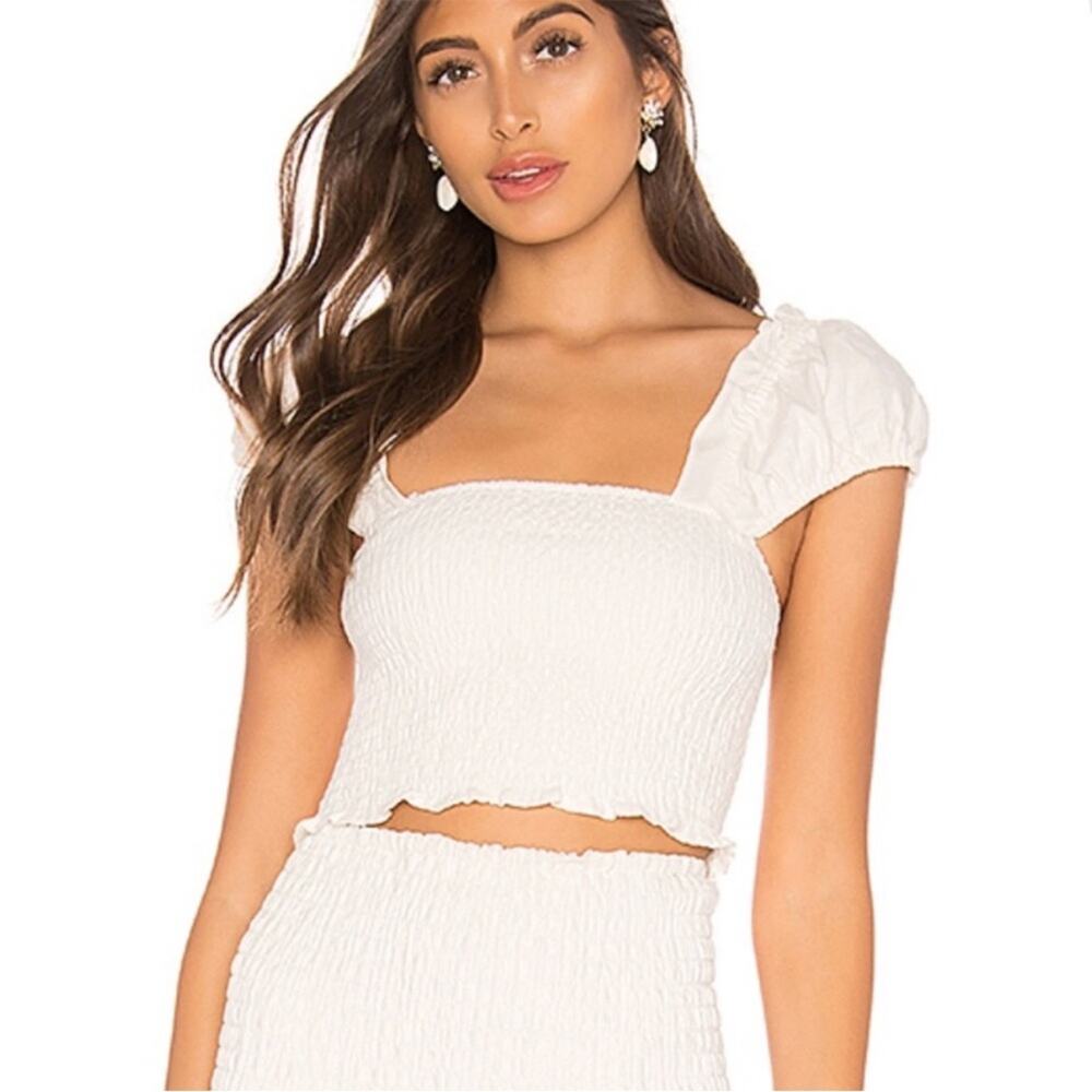 Majorelle Ginger Cream Smocked Off Shoulder Crop Top Small Linen Blend